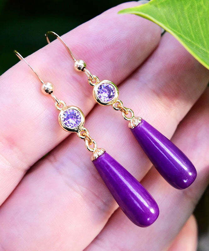 Y2K Grunge Purple 14K Gold Inlaid Mica Crystal Drop Earrings - Retro 90s Fashion Statement