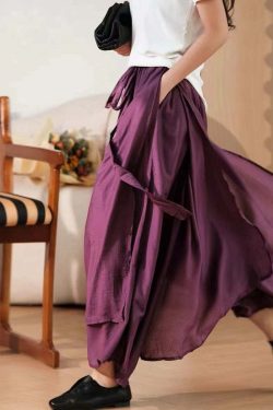 Y2K Grunge Purple Silk Wide Leg Pants with Pockets & Lace-Up Elastic Waist - Summer Retro Style