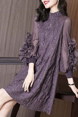Y2K Grunge Purple Stand Collar Embroidered Silk Maxi Dress with Nail Beads and Long Sleeves