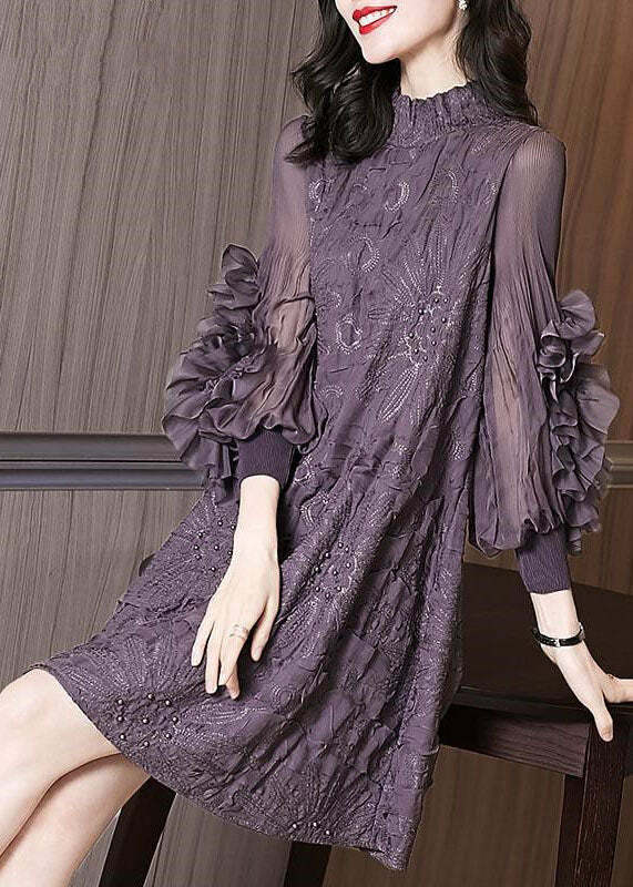 Y2K Grunge Purple Stand Collar Embroidered Silk Maxi Dress with Nail Beads and Long Sleeves