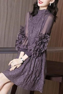 Y2K Grunge Purple Stand Collar Embroidered Silk Maxi Dress with Nail Beads and Long Sleeves