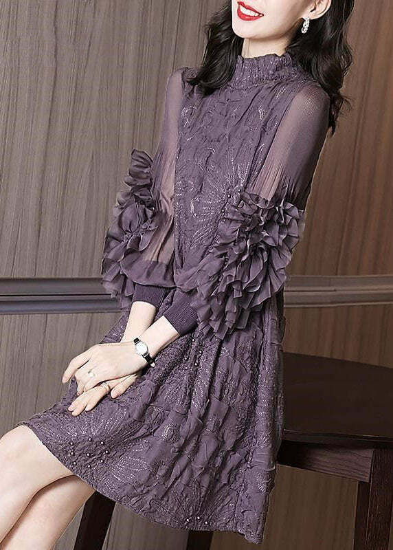 Y2K Grunge Purple Stand Collar Embroidered Silk Maxi Dress with Nail Beads and Long Sleeves