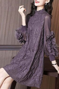 Y2K Grunge Purple Stand Collar Embroidered Silk Maxi Dress with Nail Beads and Long Sleeves