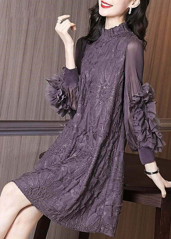 Y2K Grunge Purple Stand Collar Embroidered Silk Maxi Dress with Nail Beads and Long Sleeves