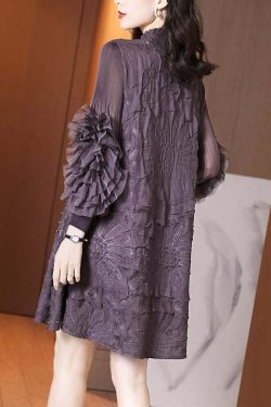 Y2K Grunge Purple Stand Collar Embroidered Silk Maxi Dress with Nail Beads and Long Sleeves