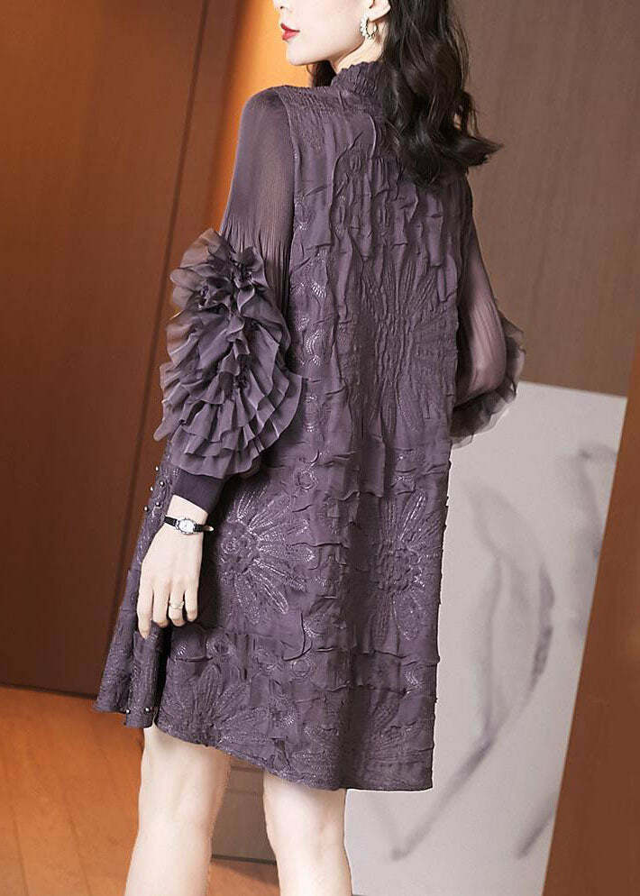 Y2K Grunge Purple Stand Collar Embroidered Silk Maxi Dress with Nail Beads and Long Sleeves