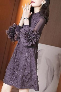 Y2K Grunge Purple Stand Collar Embroidered Silk Maxi Dress with Nail Beads and Long Sleeves