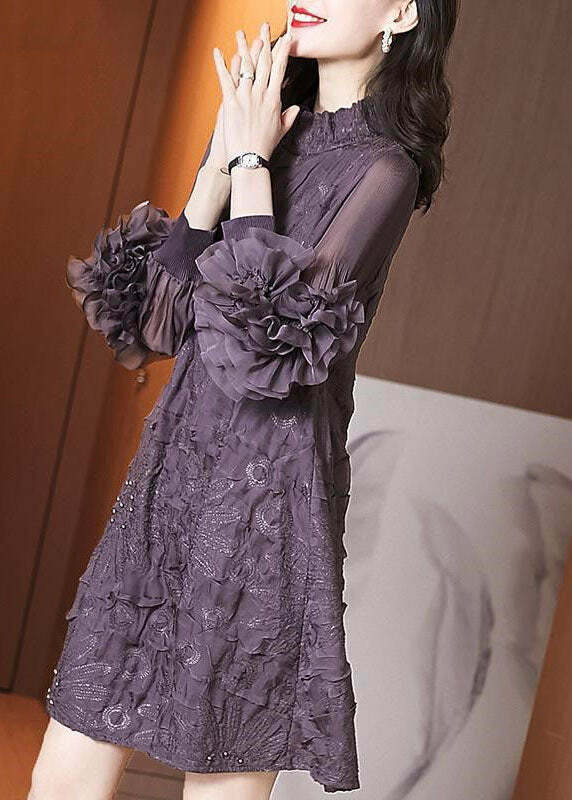 Y2K Grunge Purple Stand Collar Embroidered Silk Maxi Dress with Nail Beads and Long Sleeves