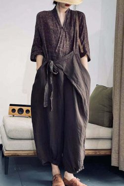 Y2K Grunge Purple V Neck Lace Up Patchwork Cotton Jumpsuit - Retro 90s Summer Outfit