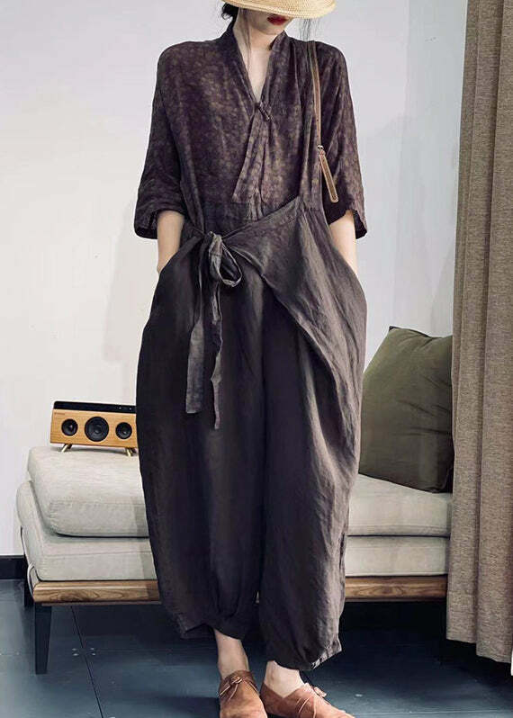 Y2K Grunge Purple V Neck Lace Up Patchwork Cotton Jumpsuit - Retro 90s Summer Outfit