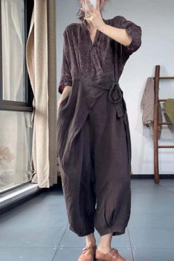 Y2K Grunge Purple V Neck Lace Up Patchwork Cotton Jumpsuit - Retro 90s Summer Outfit