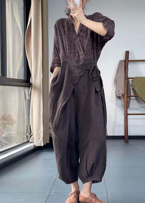 Y2K Grunge Purple V Neck Lace Up Patchwork Cotton Jumpsuit - Retro 90s Summer Outfit