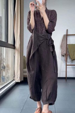 Y2K Grunge Purple V Neck Lace Up Patchwork Cotton Jumpsuit - Retro 90s Summer Outfit