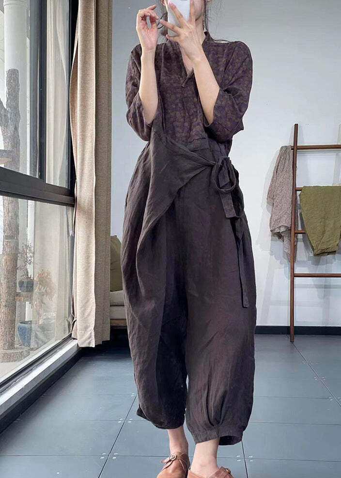 Y2K Grunge Purple V Neck Lace Up Patchwork Cotton Jumpsuit - Retro 90s Summer Outfit