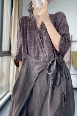 Y2K Grunge Purple V Neck Lace Up Patchwork Cotton Jumpsuit - Retro 90s Summer Outfit