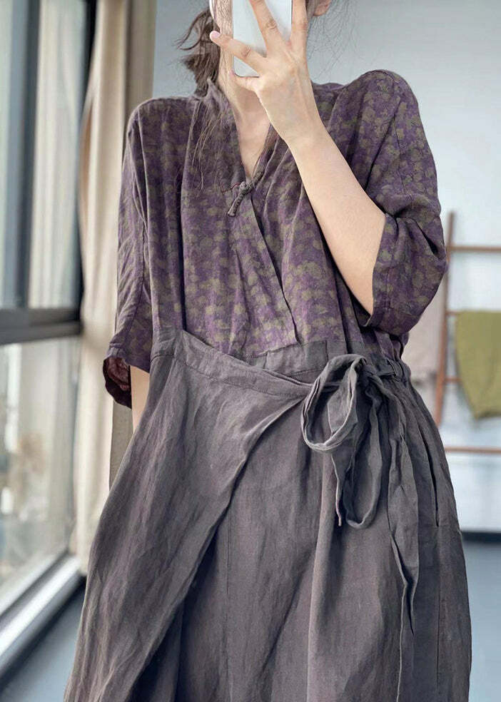 Y2K Grunge Purple V Neck Lace Up Patchwork Cotton Jumpsuit - Retro 90s Summer Outfit