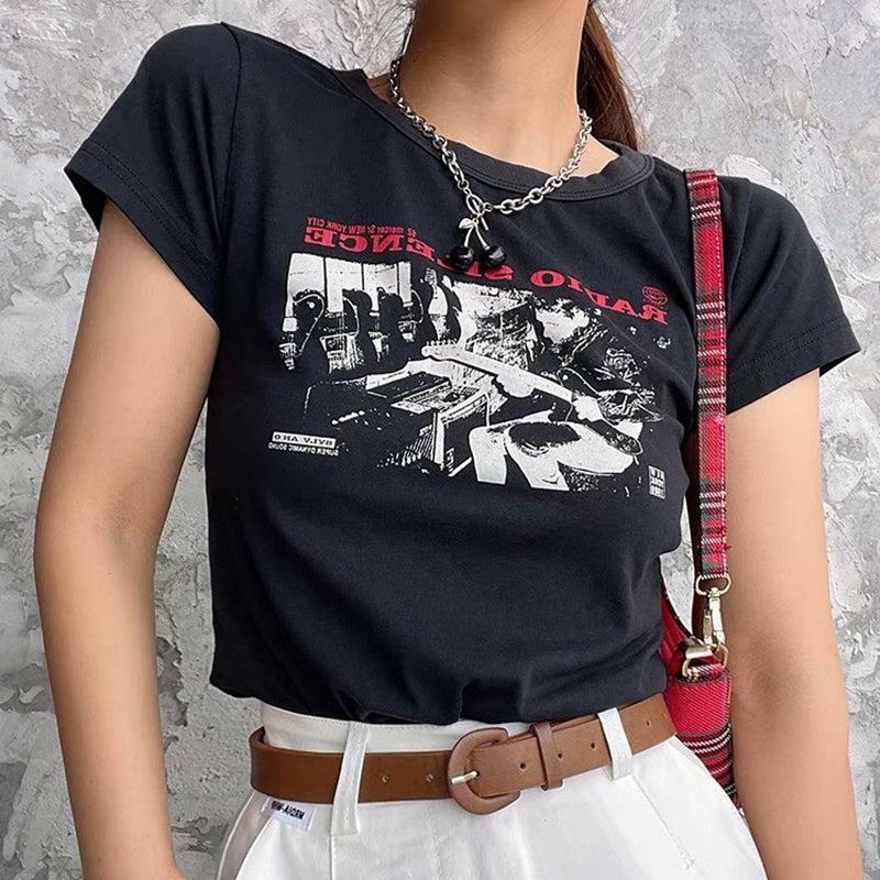 Y2K Grunge Radio Silence Crop Top - 90s Retro Summer Outfit, Pastel Goth, Y2K Party Fashion