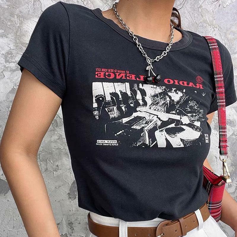 Y2K Grunge Radio Silence Crop Top - 90s Retro Summer Outfit, Pastel Goth, Y2K Party Fashion