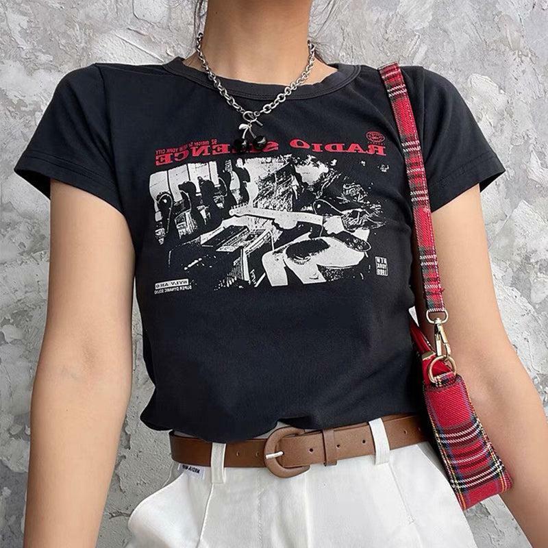 Y2K Grunge Radio Silence Crop Top - 90s Retro Summer Outfit, Pastel Goth, Y2K Party Fashion