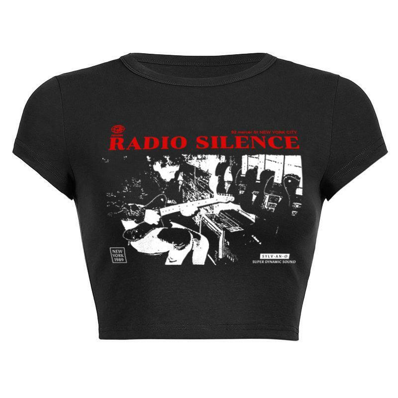 Y2K Grunge Radio Silence Crop Top - 90s Retro Summer Outfit, Pastel Goth, Y2K Party Fashion