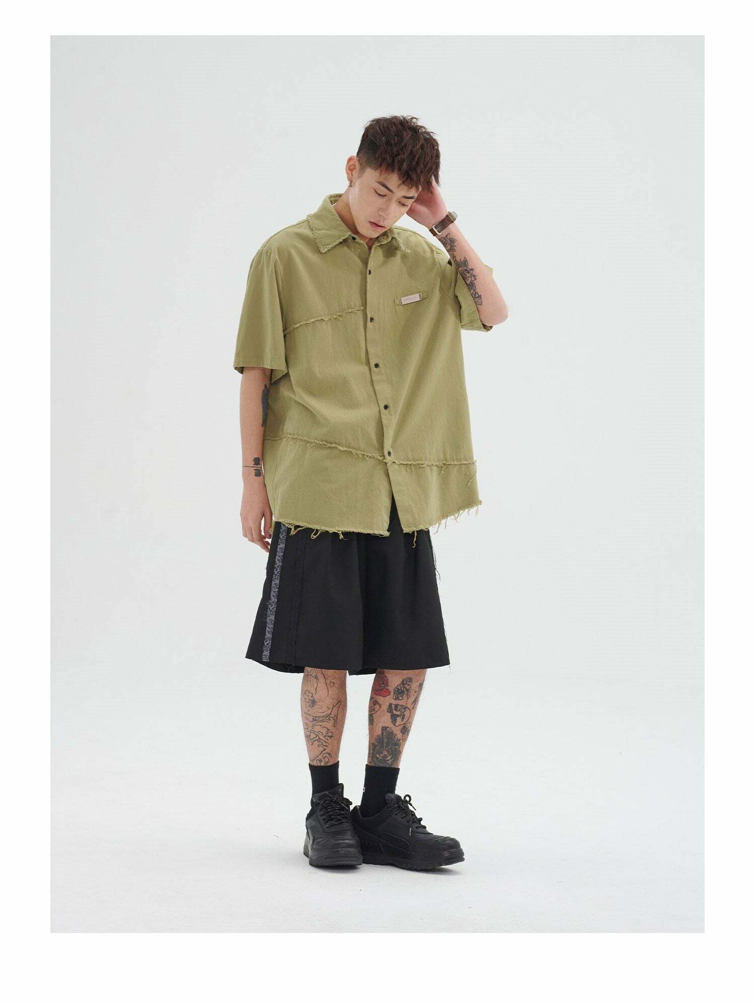 Y2K Grunge Raw Edged Button-Up Shirt - Retro 90s Fashion, Summer Y2K Outfits, Pastel Goth