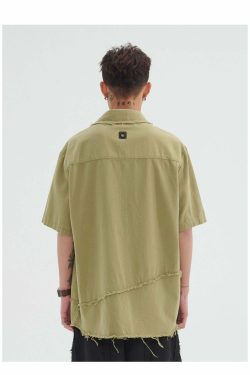 Y2K Grunge Raw Edged Button-Up Shirt - Retro 90s Fashion, Summer Y2K Outfits, Pastel Goth