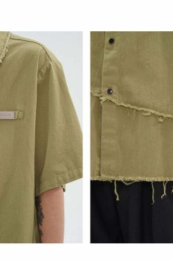 Y2K Grunge Raw Edged Button-Up Shirt - Retro 90s Fashion, Summer Y2K Outfits, Pastel Goth
