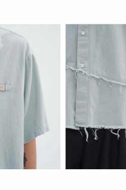 Y2K Grunge Raw Edged Button-Up Shirt - Retro 90s Fashion, Summer Y2K Outfits, Pastel Goth