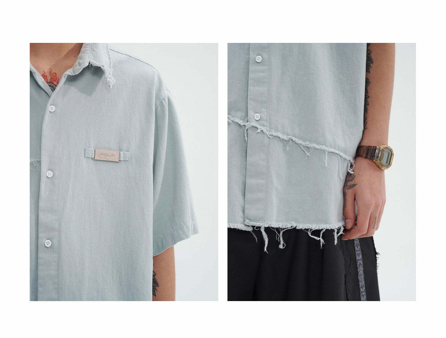 Y2K Grunge Raw Edged Button-Up Shirt - Retro 90s Fashion, Summer Y2K Outfits, Pastel Goth