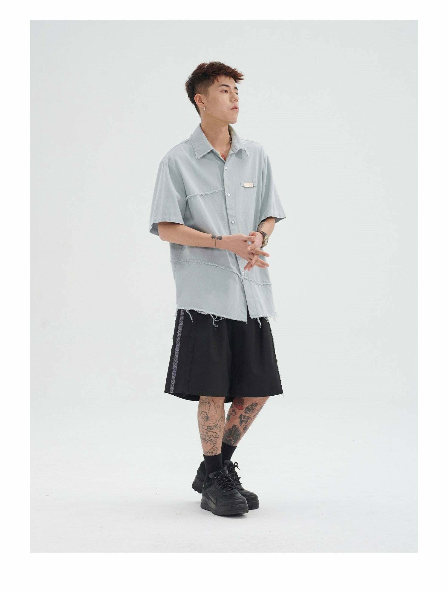 Y2K Grunge Raw Edged Button-Up Shirt - Retro 90s Fashion, Summer Y2K Outfits, Pastel Goth