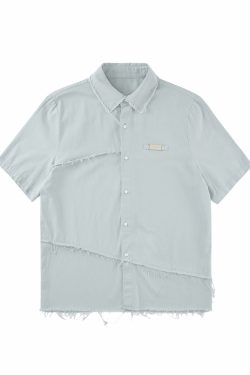 Y2K Grunge Raw Edged Button-Up Shirt - Retro 90s Fashion, Summer Y2K Outfits, Pastel Goth Style