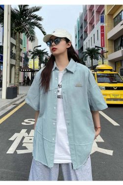 Y2K Grunge Raw Edged Button-Up Shirt - Retro 90s Fashion, Summer Y2K Outfits, Pastel Goth Style