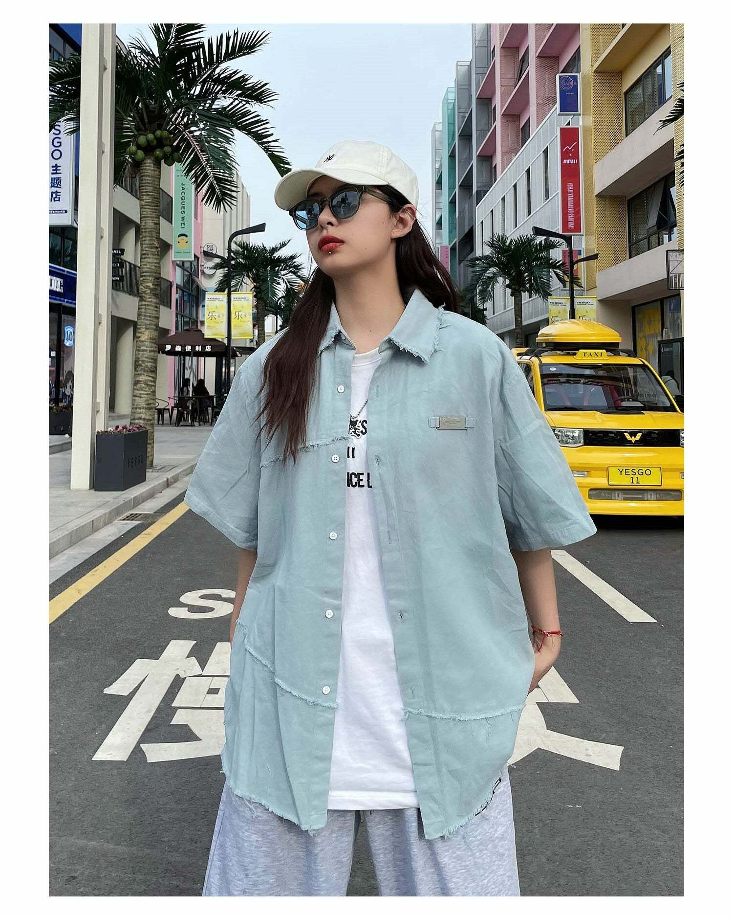 Y2K Grunge Raw Edged Button-Up Shirt - Retro 90s Fashion, Summer Y2K Outfits, Pastel Goth Style