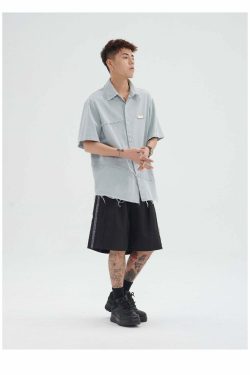 Y2K Grunge Raw Edged Button-Up Shirt - Retro 90s Fashion, Summer Y2K Outfits, Pastel Goth Style
