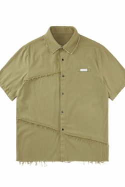 Y2K Grunge Raw Edged Button-Up Shirt - Retro 90s Fashion, Summer Y2K Outfits, Pastel Goth Style
