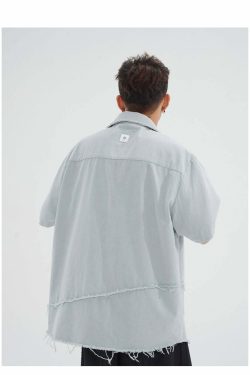 Y2K Grunge Raw Edged Button-Up Shirt - Retro 90s Fashion, Summer Y2K Outfits, Pastel Goth Style