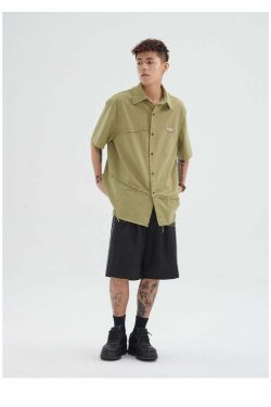 Y2K Grunge Raw Edged Button-Up Shirt - Retro 90s Fashion, Summer Y2K Outfits, Pastel Goth Style
