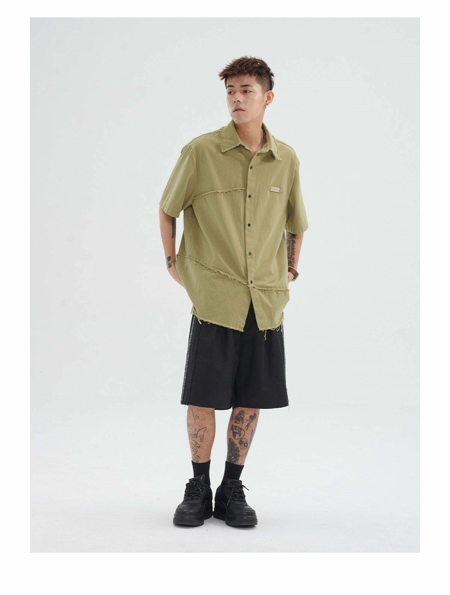 Y2K Grunge Raw Edged Button-Up Shirt - Retro 90s Fashion, Summer Y2K Outfits, Pastel Goth Style