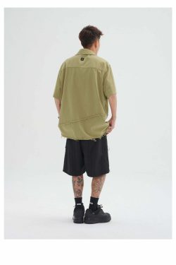 Y2K Grunge Raw Edged Button-Up Shirt - Retro 90s Fashion, Summer Y2K Outfits, Pastel Goth Style