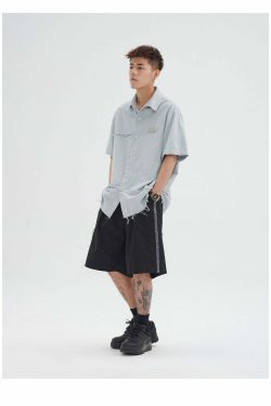 Y2K Grunge Raw Edged Button-Up Shirt - Retro 90s Fashion, Summer Y2K Outfits, Pastel Goth Style