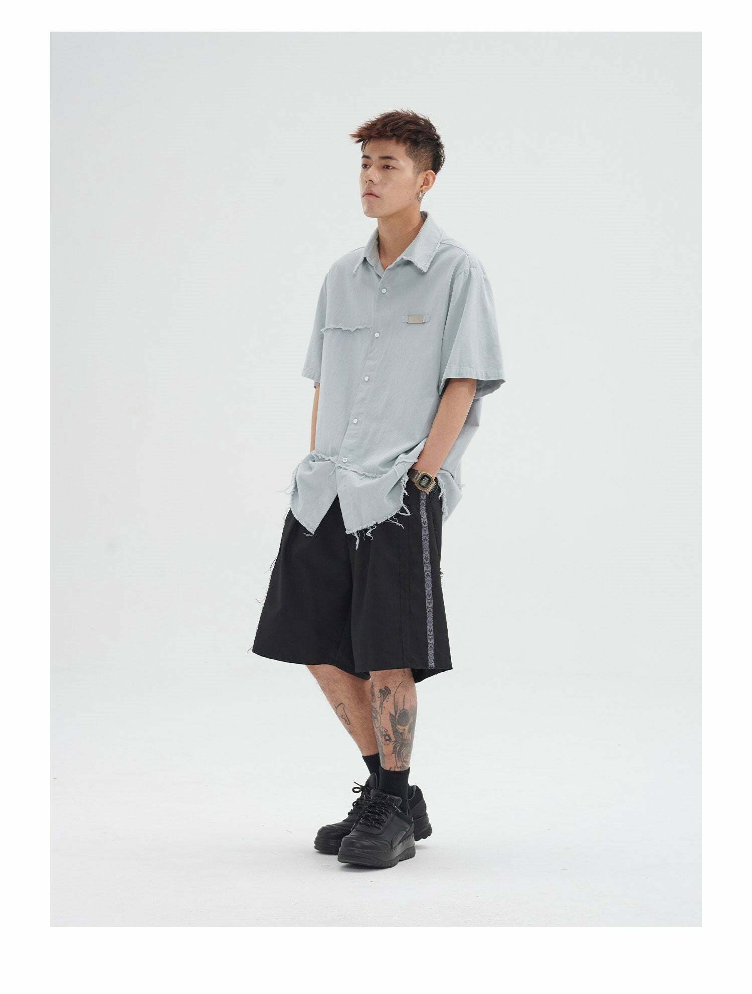 Y2K Grunge Raw Edged Button-Up Shirt - Retro 90s Fashion, Summer Y2K Outfits, Pastel Goth Style