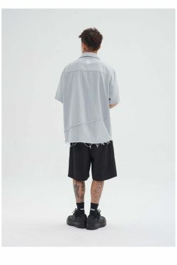 Y2K Grunge Raw Edged Button-Up Shirt - Retro 90s Fashion, Summer Y2K Outfits, Pastel Goth Style