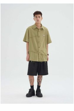 Y2K Grunge Raw Edged Button-Up Shirt - Retro 90s Fashion, Summer Y2K Outfits, Pastel Goth Style