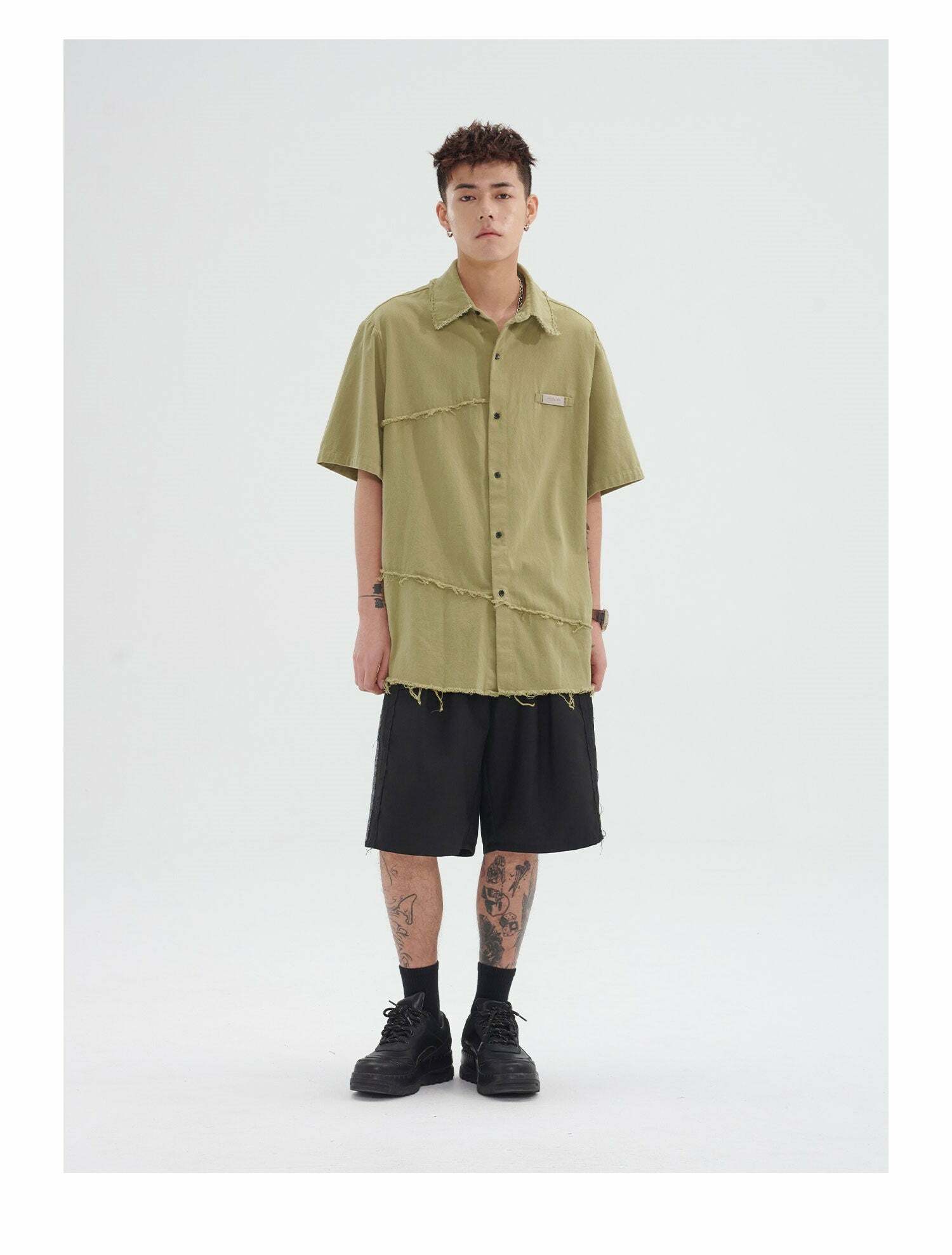 Y2K Grunge Raw Edged Button-Up Shirt - Retro 90s Fashion, Summer Y2K Outfits, Pastel Goth Style