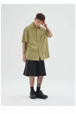 Y2K Grunge Raw Edged Button-Up Shirt - Retro 90s Fashion, Summer Y2K Outfits, Pastel Goth Style