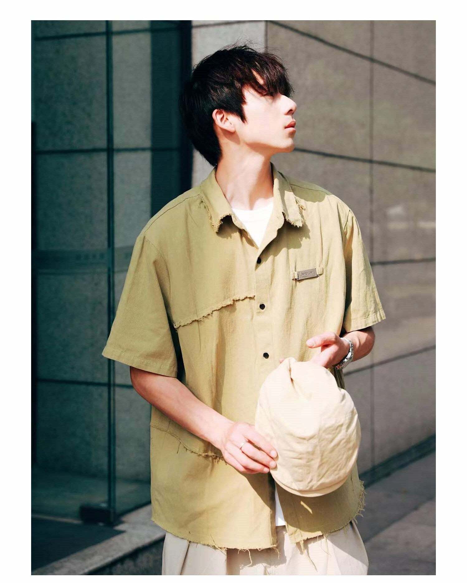 Y2K Grunge Raw Edged Button-Up Shirt - Retro 90s Fashion, Summer Y2K Outfits, Pastel Goth Style