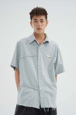 Y2K Grunge Raw Edged Button-Up Shirt - Retro 90s Fashion, Summer Y2K Outfits, Pastel Goth Style
