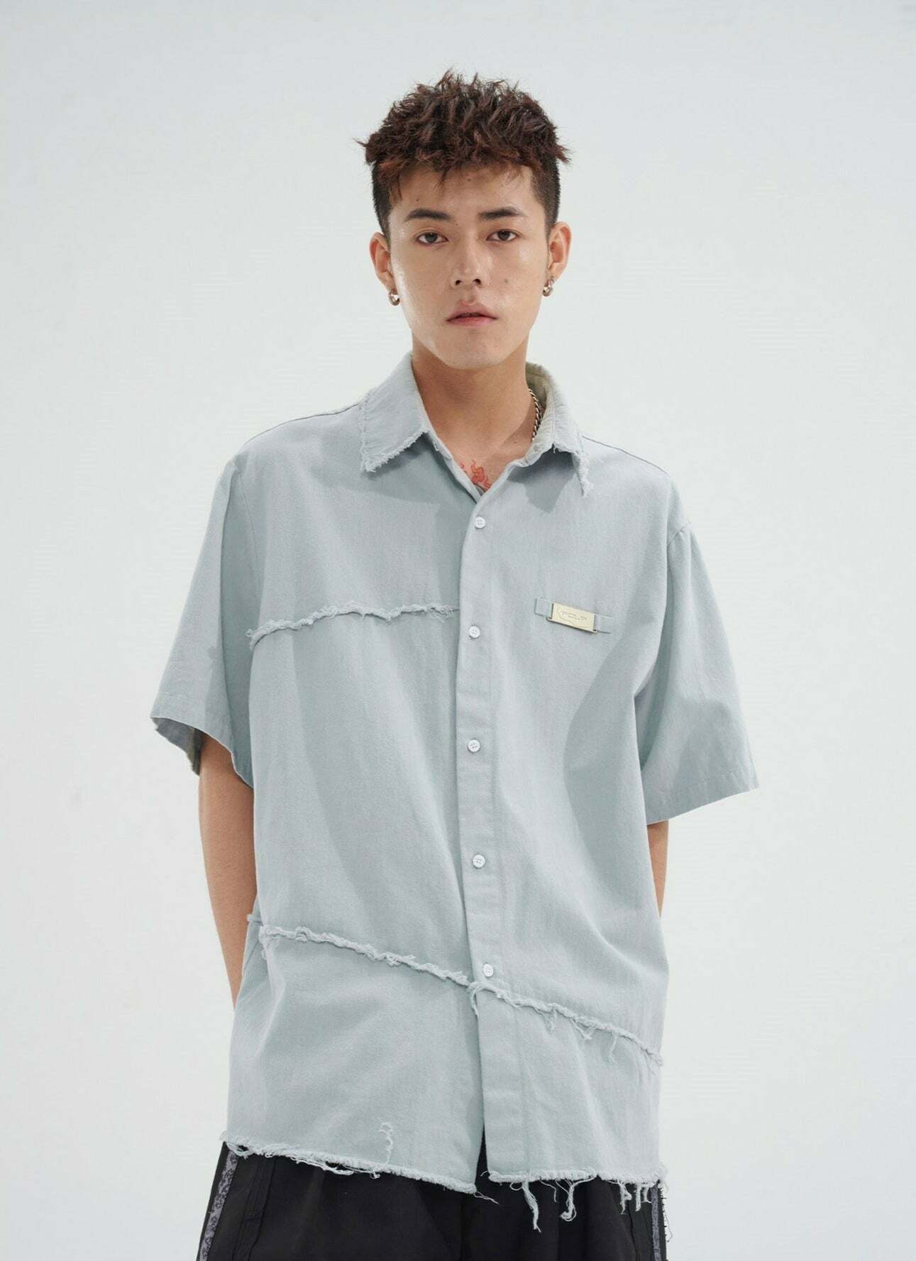 Y2K Grunge Raw Edged Button-Up Shirt - Retro 90s Fashion, Summer Y2K Outfits, Pastel Goth Style