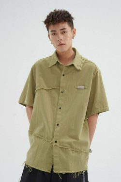 Y2K Grunge Raw Edged Button-Up Shirt - Retro 90s Fashion, Summer Y2K Outfits, Pastel Goth Style