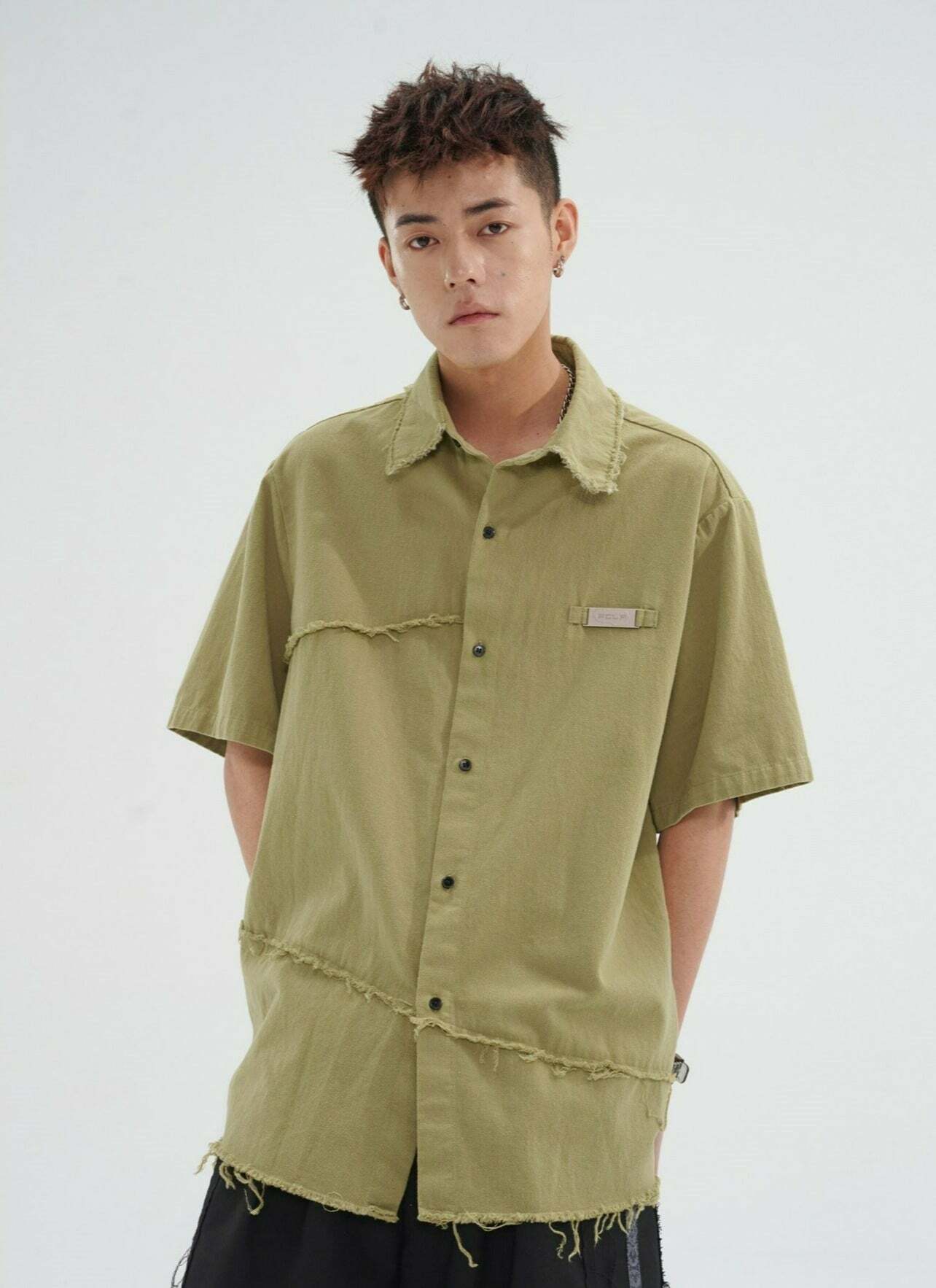 Y2K Grunge Raw Edged Button-Up Shirt - Retro 90s Fashion, Summer Y2K Outfits, Pastel Goth Style